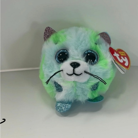 Ty Puffies (Beanie Balls) - EVIE the Green Cat (4 inch) Plush Toy - Picture 2 of 5